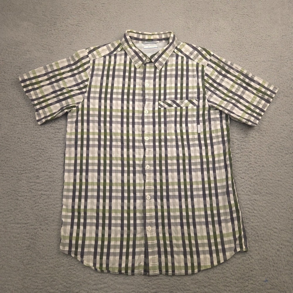 Columbia Men L Seersucker Plaid Vented Shirt Green Gray Lightweight Fishing Hike